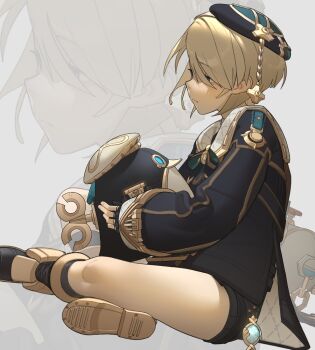 1boy absurdres beret black_bow black_coat black_shorts blonde_hair blue_eyes bow coat commentary english_commentary expressionless freckles freminet_(genshin_impact) from_side genshin_impact grey_background half-closed_eyes hat highres long_sleeves male_focus naomifiction short_hair shorts sitting sleeve_cuffs solo thighs vision_(genshin_impact) winding_key zoom_layer