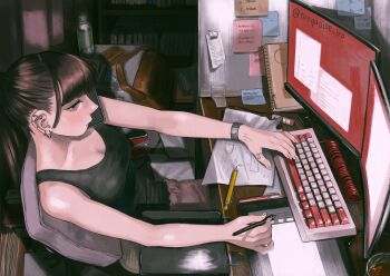 1girl absurdly_detailed_composition absurdres bag blunt_bangs body_writing book bored bottle bracelet breasts brown_eyes brown_hair cellphone chair cleavage computer computer_keyboard desk drawing_tablet ear_piercing earrings eyelashes fake_nails from_above from_side half-closed_eyes highres indoors jewelry loaded_interior looking_ahead mechanical_pencil messenger_bag monitor note notebook office_chair original paper pen pencil phone piercing ponytail profile shelf shoulder_bag sitting smartphone solo swivel_chair talking_on_phone tank_top taped_note thumb_ring turquoise_iro twitter_username