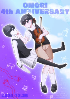 Rule 34 | 2boys, absurdres, antenna hair, black eyes, black hair, black shoes, black sweater vest, black tank top, black thighhighs, bow (music), brown shorts, closed mouth, collared shirt, colored skin, commentary request, copyright name, dated, double-parted bangs, dual persona, highres, hisaho, holding, holding bow (music), holding instrument, holding knife, holding violin, instrument, knife, loafers, looking at another, male focus, multiple boys, omori, omori (omori), shirt, shoes, short hair, short sleeves, shorts, socks, striped clothes, striped shorts, sunny (omori), sweater vest, tank top, thighhighs, vertical-striped clothes, vertical-striped shorts, violin, watermark, white shirt, white shorts, white skin, white socks
