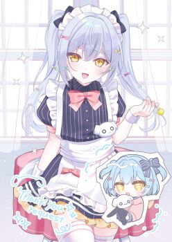 1boy apron black_dress blue_hair bow bowtie buttons chibi chibi_inset commission crossdressing crossdressing_(mtf) dress english_text hair_bow highres inuyama_tamaki inuyama_tamaki_(2nd_costume) long_hair looking_at_viewer maid maid_apron maid_headdress male_focus male_maid multiple_hair_bows njuzu noripro official_alternate_costume pinstripe_dress pinstripe_pattern skeb_commission smile solo thank_you thighhighs trap twintails white_thighhighs yellow_eyes zettai_ryouiki