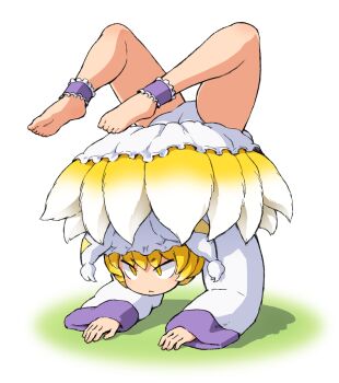 1girl :&lt; barefoot blonde_hair closed_mouth commentary dress fox_girl fox_tail full_body hat kitsune kyuubi long_sleeves looking_afar mob_cap multiple_tails panties scorpion_pose shirosato short_hair simple_background solo symbol-only_commentary tail touhou underwear v-shaped_eyebrows white_background white_dress white_hat white_panties yakumo_ran yellow_eyes