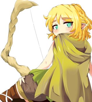 1girl bad_id bad_pixiv_id blonde_hair bow_(weapon) brown_thighhighs cape cosplay dragon&#039;s_crown elf_(dragon&#039;s_crown) elf_(dragon&#039;s_crown)_(cosplay) female_focus green_eyes karatakewari looking_at_viewer looking_back mizuhashi_parsee pointy_ears shorts solo thighhighs touhou weapon