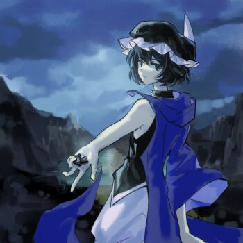 1other :3 androgynous baggy_shorts black_eyes black_hair black_hat black_shirt blue_sky canyon chinese_commentary closed_mouth cloud coattails commentary commentary_request cowboy_shot day english_commentary expressionless frilled_headwear giving hair_between_eyes hat highres hood hood_down hooded_jacket jacket jacket_partially_removed len&#039;en light_smile long_sleeves looking_at_viewer mixed-language_commentary mob_cap other_focus outdoors outstretched_arm pointy_nose purple_jacket shirt shitodo_kuroji short_hair shorts single_bare_arm single_bare_shoulder single_sleeve sky sleeveless sleeveless_shirt solo standing turtleneck turtleneck_shirt white_shorts wide_sleeves yancao_(pixiv_103434280) zipper