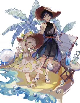 1boy 1girl adapted_costume alternate_costume ankle_scrunchie arm_up armpit_crease bare_shoulders black_hair black_shirt black_shorts bow bubble c_cutai chair coconut_tree crazy_straw double-parted_bangs dress drinking_straw eyeliner eyeshadow frilled_dress frilled_skirt frills genshin_impact glass green_bow green_eyes green_scrunchie hair_ornament hakama hakama_shorts hand_up hat hat_bow heart_straw highres holding holding_unworn_clothes holding_unworn_hat japanese_clothes juice leaf leaf_hair_ornament leg_up light_blush makeup nahida_(genshin_impact) off_shoulder open_hand open_mouth orange_rope palm_tree pointy_ears purple_eyes red_eyeliner red_eyeshadow rope sandals scaramouche_(genshin_impact) scrunchie seaside shirt shorts side_ponytail sidelocks skirt sleeveless sleeveless_dress sleeveless_shirt smile standing straw_hat sweat table teeth tree unworn_hat unworn_headwear upper_teeth_only wanderer_(genshin_impact) water white_background white_dress wrist_scrunchie