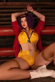1girl alina_becker boots breasts clothes cosplay cowboy_bebop cuffs faye_valentine faye_valentine_(cosplay) female_focus green_eyes handcuffs headband highres looking_at_viewer medium_breasts medium_hair model photo_(medium) purple_hair shorts sitting solo
