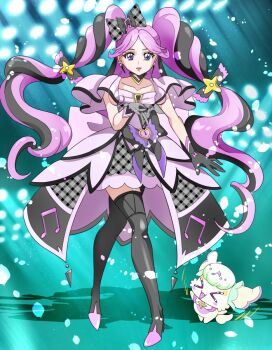 Rule 34 | > <, black gloves, black hair, black thighhighs, boots, braid, cure kiss, dress, earrings, fortissimo, full body, gloves, green background, hair ornament, hair ribbon, jewelry, kimi to idol precure, long hair, meroron (precure), multicolored hair, musical note, musical note hair ornament, open mouth, pink hair, precure, puffy dress, purirun (precure), purple eyes, ribbon, thighhighs, tsubatsuba (tsubame), twin braids, twintails, very long hair
