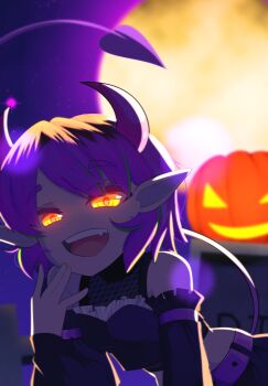 1girl absurdres amity_blight demon_costume demon_horns demon_tail fang glowing glowing_eyes hair_dye halloween halloween_costume highres horns moon multicolored_hair night night_sky orange_eyes outdoors pointy_ears pumpkin purple_hair roots_(hair) shion_(shion_aster) sky tail the_owl_house tombstone