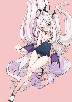 1girl absurdres ahoge blue_archive blush censored commentary_request demon_girl demon_horns demon_wings flat_chest highres hina_(blue_archive) horns long_hair looking_at_viewer low_wings mosaic_censoring nipples old_school_swimsuit purple_eyes pussy school_swimsuit solo swimsuit very_long_hair white_hair wings wuzeiiezuw