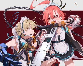 2girls ahoge album_cover_redraw angry apron assault_rifle battle blonde_hair blue_archive blue_eyes blue_halo bow bowtie braid bun_cover closed_mouth commentary cowboy_shot derivative_work devil_may_cry devil_may_cry_(series) devil_may_cry_4 earpiece expressionless fang greenkohgen gun h&amp;k_g11 hair_bun halo highres holding holding_gun holding_weapon huge_ahoge jacket looking_at_another maid maid_headdress mole mole_under_each_eye mole_under_eye multiple_girls multiple_moles neru_(blue_archive) open_mouth orange_hair parody print_jacket red_background red_eyes rifle sig_mpx sig_sauer simple_background single_braid single_hair_bun submachine_gun sukajan tag teeth toki_(blue_archive) tsurime v-shaped_eyebrows waist_apron weapon white_apron