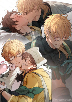 +++ 2boys ahoge alternate_costume alternate_hairstyle animal animal_hat arm_ribbon backpack bag bandaid bandaid_on_head beanie bespectacled bishounen black_gloves black_pants black_shirt black_sweater blonde_hair blush bracelet braid brown_eyes brown_hair cat_hat closed_eyes closed_mouth clothed_animal cup eiden_(nu_carnival) ermine french_kiss glasses gloves green_gloves grin hair_between_eyes hand_on_another's_shoulder hat highres holding holding_cup hood hood_down hoodie hug jacket jewelry kiss licking_lips lifting_own_clothes long_hair long_sleeves looking_at_another low_ponytail lying male_focus medium_hair milk miyamoyan multiple_boys multiple_views nu_carnival on_back on_bed orange_eyes pants pillow ponytail quincy_(nu_carnival) ribbon saliva shirt short_hair short_ponytail side_braid single_braid smile suggestive_fluid suspenders sweater teeth tongue tongue_out topper_(nu_carnival) turtleneck turtleneck_sweater twitter_username upper_body weasel white_background white_bag white_hat white_shirt yaoi yellow_hoodie