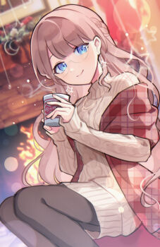 1girl black_pantyhose blue_eyes blunt_bangs blurry blurry_background bokeh braid brown_hair cable_knit closed_mouth coffee_mug commentary_request cup depth_of_field dot_nose dutch_angle earrings feet_out_of_frame fire fireplace glint hair_behind_ear hair_down hands_up happy highres holding holding_cup jewelry legs_together light_blush light_particles long_hair long_sleeves looking_at_viewer mochizuki_honami mug necklace pantyhose picture_frame plaid_clothes plaid_shawl project_sekai red_shawl ribbed_sweater shawl sleeves_past_wrists smile solo star_(symbol) star_earrings steam sweater turtleneck turtleneck_sweater unmoving_pattern waka_(wk4444) winter_clothes