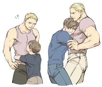 !? 2boys age_difference bara blonde_hair brown_hair child closed_eyes closed_mouth couple hug jack_krauser leon_s._kennedy looking_at_another male_focus multiple_boys muscular muscular_male onii-shota pants resident_evil resident_evil:_the_darkside_chronicles resident_evil_4 shirt short_hair smile tank_top tatsumi_(psmhbpiuczn) white_background yaoi