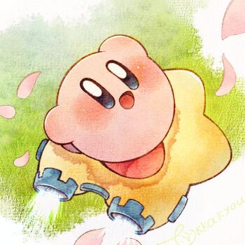 :d blue_eyes commentary_request grass highres kirby kirby_(series) kirby_air_ride kirby_air_riders nintendo no_humans open_mouth petals smile solo tokkakyou warp_star