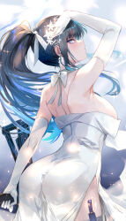 Rule 34 | 1girl, arm up, armpit crease, armpits, ass, black hair, blue archive, blue eyes, blue hair, blue halo, breasts, choker, closed mouth, colored inner hair, commentary request, dress, elbow gloves, from behind, gloves, gun, hair ornament, halo, highres, holding, holding gun, holding weapon, holster, knife sheath, large breasts, looking at viewer, multicolored hair, official alternate costume, official alternate hairstyle, ponytail, saori (blue archive), saori (dress) (blue archive), sheath, side slit, sideways glance, sig 516, solo, strapless, strapless dress, thigh holster, uu-tan (hushigi10), weapon, white choker, white dress, white gloves