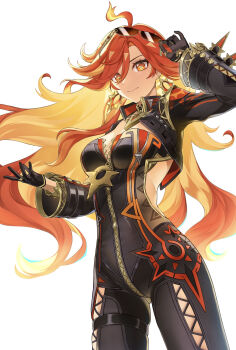Rule 34 | 1girl, absurdres, ahoge, biker clothes, bikesuit, black gloves, blonde hair, bodysuit, breasts, clothing cutout, colored inner hair, commentary, cropped jacket, earrings, genshin impact, gloves, highres, holding, holding removed eyewear, jewelry, long hair, mavuika (genshin impact), medium breasts, mm (m2), multicolored hair, red eyes, red hair, ring, side cutout, smile, sun earrings, sunglasses, thigh strap, unworn eyewear, white background, zipper, zipper pull tab