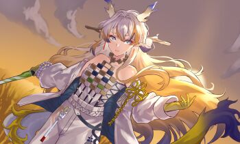 1girl absurdres arknights bare_shoulders bead_necklace beads blonde_hair blue_hair breasts collarbone commentary_request dragon_girl dragon_horns dragon_tail earrings eastern_dragon_horns eastern_dragon_tail green_eyes highres holding holding_sword holding_weapon horns jacket jewelry long_hair long_sleeves looking_at_viewer medium_breasts necklace pants parted_lips pointy_ears shirt shu_(arknights) smile solo strapless strapless_shirt sunset sword tail tapume tassel tassel_earrings very_long_hair weapon white_hair white_jacket white_pants