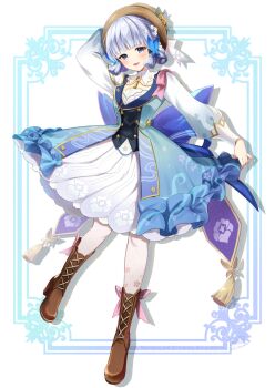 Rule 34 | 1girl, :d, adversarial noise, arm behind head, arm up, ayaka (genshin impact), azuma yuki, black vest, blue dress, blue eyes, blue hair, blue jacket, boots, braid, brown boots, brown hat, butterfly hair ornament, commentary request, dress, floral print, full body, genshin impact, grey eyes, grey hair, hair ornament, hat, highres, jacket, kamisato ayaka, kamisato ayaka (springbloom missive), knee boots, lace-up boots, long sleeves, looking at viewer, official alternate costume, official alternate hairstyle, open mouth, pantyhose, pink pantyhose, puffy long sleeves, puffy sleeves, shirt, skirt, smile, solo, standing, vest, white background, white pantyhose, white shirt, white skirt