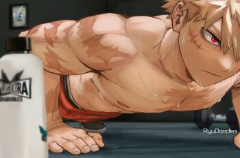 1boy bakugou_katsuki black_male_underwear blonde_hair boku_no_hero_academia bottle closed_mouth dumbbell exercising hair_over_one_eye highres looking_ahead male_focus male_underwear male_underwear_peek multiple_scars one_eye_covered picture_frame push-ups red_eyes red_shorts ryudoodles scar scar_on_arm scar_on_chest scar_on_face shoes short_hair shorts sideburns solo spiked_hair sweat topless_male underwear very_sweaty water_bottle