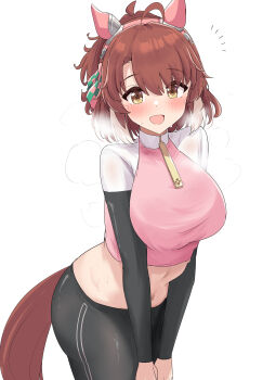 Rule 34 | 1girl, :d, absurdres, animal ears, breasts, dantsu flame (umamusume), gryebooks, highres, horse ears, horse girl, horse tail, large breasts, looking at viewer, open mouth, simple background, smile, solo, tail, umamusume, white background