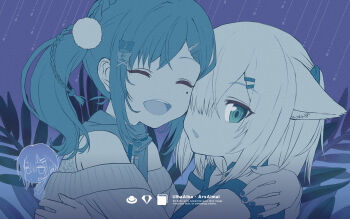 2girls :d :o aiba_uiha aiba_uiha_(2nd_costume) animal_ears ars_almal ars_almal_(2nd_costume) blue_eyes blue_theme blues_(nijisanji) bobby_pin bow chibi fox_ears hair_between_eyes hair_bow hair_ornament hairclip highres hug looking_at_viewer mayuzumi_kai mole mole_under_eye monochrome multiple_girls mutual_hug nijisanji off-shoulder_sweater off_shoulder open_mouth overalls parallel_hairclips pom_pom_(clothes) pom_pom_hair_ornament simple_background smile sweater tank_top tatami_kami twintails virtual_youtuber