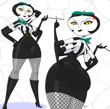 Rule 34 | 1girl, aeolus, aeolus06, anger vein, arm up, ass, beret, breasts, cigarette, cigarette holder, cleavage, curvy, disney, elbow gloves, extra arms, extra eyes, eyeshadow, female focus, fishnets, gloves, hat, high heels, highres, huge ass, james and the giant peach, lipstick, looking at viewer, makeup, medium breasts, middle finger, miss spider, scarf, short hair, skirt, solo, thick thighs, thighs, wide hips, yellow eyes