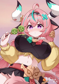 Rule 34 | 1girl, absurdres, angry, animal ears, aqua hair, black shirt, black skirt, blush, braid, breasts, cow ears, cow girl, cow horns, cow tail, crop top, earrings, food, genshin impact, highres, holding, holding food, horns, jewelry, large breasts, long hair, long sleeves, midriff, multicolored hair, navel, neck tattoo, pink hair, purple eyes, shirt, skirt, solo, stomach, streaked hair, tail, tattoo, twin braids, varesa (genshin impact), yaoli (ysxbd), yellow sleeves