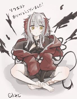 1girl :/ antenna_hair arknights barefoot belt black_shorts black_shrug black_tube_top cross-shaped_pupils demon_girl demon_horns expressionless fan_request grey_hair hands_on_own_feet highres horns indian_style jacket kuramidomoyasi long_sleeves looking_at_viewer navel red_horns red_jacket shorts shrug_(clothing) simple_background sitting solo strapless symbol-shaped_pupils thigh_belt thigh_strap translation_request tube_top w_(arknights) white_background white_belt wis'adel_(arknights) yellow_eyes