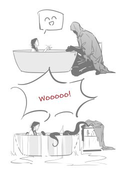 Rule 34 | 1boy, 1girl, absurdres, adashino adami, bathing, bathtub, chinese commentary, cloak, commentary request, highres, homicipher, hood, hood up, hooded cloak, kneeling, mr. hood, simple background, splashing, tentacles, water, white background, yu lan