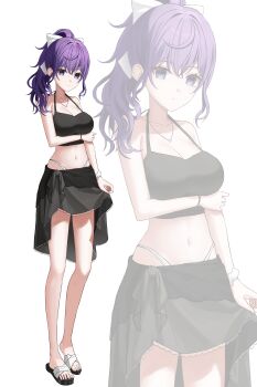 Rule 34 | 1girl, absurdres, asahina mafuyu, bare arms, bare legs, bikini, black sarong, black shirt, bow, bracelet, breasts, cleavage, closed mouth, collarbone, crop top, cropped shirt, empty eyes, expressionless, full body, hair between eyes, hair bow, halterneck, hand on own arm, hashtag-only commentary, heart, heart necklace, highleg, highleg bikini, highres, jewelry, large breasts, long hair, looking at viewer, midriff, navel, necklace, ponytail, project sekai, purple eyes, purple hair, sandals, sarong, sarong hold, scrunchie, shirt, sidelocks, simple background, solo, standing, sweetxide, swimsuit, white background, white bow, white scrunchie, wrist scrunchie, zoom layer