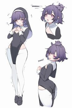 1girl ? absurdres ass black_coif black_dress black_shoes blunt_bangs center-flap_bangs cleavage_cutout clothing_cutout commentary dress drooling flat_chest flying_sweatdrops full_body guimpe highres hololive hololive_english koahri loafers looking_at_viewer messy_hair mind_control multiple_views ninomae_ina'nis nun open_mouth pantyhose pelvic_curtain pointy_ears purple_eyes purple_hair shoes short_dress short_hair simple_background sleeve_cuffs solo takodachi_(ninomae_ina'nis) virtual_youtuber white_background white_pantyhose