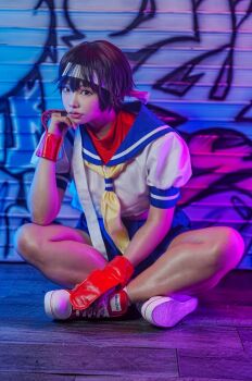 Rule 34 | 1girl, blue sailor collar, blue skirt, brown hair, capcom, converse, cosplay, cosplay photo, female focus, gloves, headband, highres, kasugano sakura, kasugano sakura (cosplay), photo (medium), purin cosplay, real life, red gloves, sailor collar, school uniform, serafuku, shoes, skirt, sneakers, solo, street fighter, street fighter zero (series), white headband