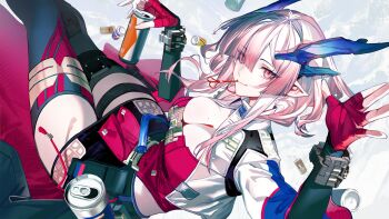 1girl arknights arknights:_endfield belt black_skirt blue_horns breasts can cenm0 cleavage cropped_jacket demon_girl demon_horns drink_can eyes_visible_through_hair feet_out_of_frame from_above game_asset green_thighhighs hair_intakes hair_over_one_eye hand_wraps highres holding holding_can horns jacket large_breasts looking_at_viewer medium_hair mi_fu_(arknights) miniskirt mole mole_on_breast mole_under_eye mouth_hold official_art one_eye_covered parted_bangs pink_hair pointy_ears red_eyes red_shirt shirt sidelocks skirt solo strapless strapless_shirt tassel thigh_belt thigh_strap thighhighs third-party_source waist_cape waving white_jacket zettai_ryouiki