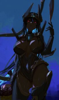 2girls absurdres arm_armor armored_bodysuit armored_gloves blue_background chime_(nikke) colored_inner_hair dark-skinned_female dark_skin dismemberment goddess_of_victory:_nikke highres horns indivilia_(nikke) mechanical_horns mechanical_tail multicolored_hair multiple_girls red_eyes severed_head solo_focus soondi tail tail_blade