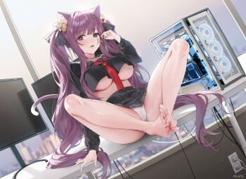 1girl absurdres animal_ear_fluff animal_ears black_sailor_collar breasts cameltoe cat_ears cat_girl cat_tail character_request computer computer_tower desk feet highres large_breasts long_hair looking_at_viewer monitor necktie original panties parted_lips pepperdevil purple_eyes purple_hair sailor_collar skirt spread_toes sul-lin-a_(hurukku) sweat tail thighs toes twintails underboob underwear very_long_hair white_panties