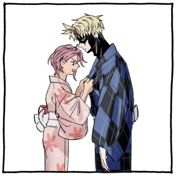 1boy 1girl blonde_hair blue_kimono checkered_clothes checkered_kimono commentary_request covering_another cowboy_shot dandadan earrings enjoji_jin evil_eye_(dandadan) floral_print from_side height_difference highres japanese_clothes jewelry kimono looking_at_another open_mouth pink_hair pink_kimono possessed print_kimono profile sash shiratori_aira_(dandadan) short_hair simple_background third_eye white_background white_sash wide_sleeves ycy5nljkl410219
