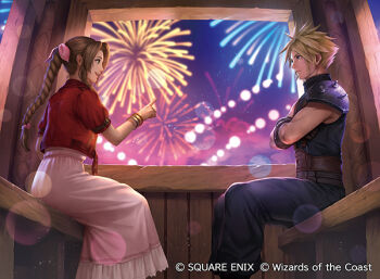 1boy 1girl aerial_fireworks aerith_gainsborough armor bangle belt blonde_hair blue_eyes blue_pants bow bracelet braid braided_ponytail brown_belt brown_hair cloud_strife commentary copyright_notice cropped_jacket crossed_arms dress ferris_wheel_interior final_fantasy final_fantasy_vii final_fantasy_vii_rebirth final_fantasy_vii_remake fireworks fuji_q gold_saucer gondola hair_bow hair_ribbon jacket jewelry long_dress long_hair looking_at_another magic:_the_gathering multiple_belts official_art open_mouth pants parted_bangs pauldrons pink_bow pink_dress pink_ribbon pointing puffy_short_sleeves puffy_sleeves red_jacket ribbon short_sleeves shoulder_armor sidelocks single_braid single_pauldron sitting sleeveless sleeveless_turtleneck smile spiked_hair square_enix suspenders turtleneck variant_set
