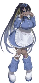 Rule 34 | 1girl, absurdres, apron, bandaid, bandaid on leg, black hair, blonde hair, blue eyes, blue jacket, blue skirt, blush, breasts, commentary, dark-skinned female, dark skin, frilled apron, frills, fujisaki subaru, goddess of victory: nikke, hair ornament, hairclip, high ponytail, highres, jacket, jersey maid, large breasts, leg warmers, long hair, looking at viewer, maid, maid apron, multicolored hair, noise (nikke), open mouth, ponytail, shoes, skirt, smile, solo, teeth, track jacket, two-tone hair, unconventional maid, white apron