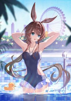Rule 34 | 1girl, absurdres, amiya (arknights), animal ears, aqua eyes, arknights, arms behind head, arms up, artist name, blue one-piece swimsuit, breasts, brown hair, casual one-piece swimsuit, che zero, chinese commentary, commentary request, covered navel, cowboy shot, dated, day, ferris wheel, frilled one-piece swimsuit, frills, highres, in water, long hair, long sidelocks, looking to the side, medium breasts, one-piece swimsuit, open mouth, outdoors, pool, rabbit ears, rabbit girl, rubber duck, scrunchie, sidelocks, solo, standing, swimsuit, very long hair, wrist scrunchie