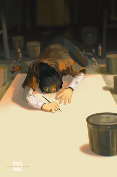 1boy artist_name black_hair blue_pants brown_hoodie facing_down highres holding holding_paintbrush hood hood_down hoodie litarnes long_sleeves male_focus on_floor original paint paint_can paint_tube paintbrush pants paper shirt short_hair short_sleeves solo watermark web_address white_shirt