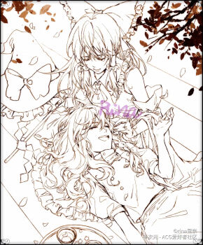 Rule 34 | 2girls, aihara-rina, artist name, ascot, bow, braid, chinese commentary, chinese text, commentary request, detached sleeves, falling petals, frilled bow, frilled hair tubes, frills, gohei, hair bow, hair tubes, hakurei reimu, hat, hat bow, highres, kirisame marisa, lap pillow, long hair, monochrome, multiple girls, petals, ribbon-trimmed sleeves, ribbon trim, side braid, single braid, touhou, translation request, unworn headwear, witch hat, yuri