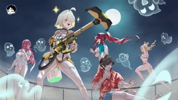 1boy 4girls :d @_@ ass bikini black_choker blonde_hair breasts choker cleavage commander_(nikke) curvy danny_marx dorothy_(nikke) dorothy_(serendipity)_(nikke) elegg_(boom_and_shock)_(nikke) elegg_(nikke) floating_hair full_moon ghost goddess_of_victory:_nikke hairband highres jumping large_breasts long_hair moon multiple_girls night night_sky official_alternate_costume open_mouth orange_bikini pink_hair ponytail purple_eyes railing rapi_(nikke) rapi_(red_hood)_(nikke) rapi_(red_hood)_(red_flavor)_(nikke) red_bikini red_hair red_shirt running scared shiny_skin shirt skindentation sky smile suspenders swimsuit thong thong_bikini tove_(nikke) tove_(sunblaze)_(nikke) vacuum_cleaner very_long_hair white_bikini wide_hips
