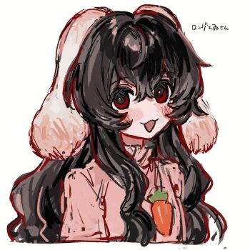 1girl :3 alternate_hair_length alternate_hairstyle animal_ears b_nosk101 black_hair blush carrot_necklace check_translation close-up crossed_bangs hair_between_eyes highres inaba_tewi jewelry long_hair necklace open_mouth pink_shirt rabbit_ears rabbit_girl red_eyes shirt simple_background smile solo touhou translation_request white_background
