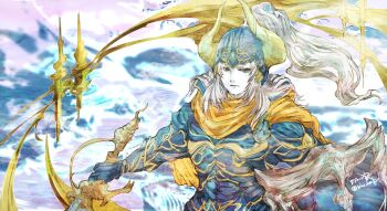 1boy armor blue_armor blue_eyes blue_helmet closed_mouth commentary copyright_name elidibus fake_horns final_fantasy final_fantasy_xiv grey_hair helmet holding holding_shield holding_sword holding_weapon horned_helmet horns long_hair male_focus plume ruka_(blueplus84) shield solo sword twitter_username warrior_of_light_(ff1) weapon