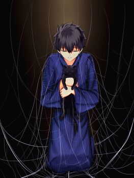 1boy animal black_cat black_hair blue_kimono cat hair_between_eyes highres holding holding_animal holding_cat japanese_clothes kimono kneeling male_focus short_hair silk spider_web sweat tohno_shiki tsukihime tsukihime_(remake) typetale