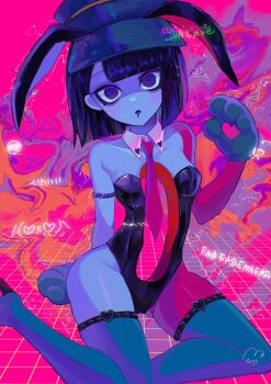 1girl alternate_costume animal_ears animal_hands black_hair black_leotard blue_skin blunt_bangs blunt_ends blush bob_cut colored_skin drooling ena:_dream_bbq ena_(dream_bbq) ena_(series) ena_(species) gloves hangover_ena hat highres hole_in_stomach hole_on_body leotard looking_at_viewer mouth_drool multicolored_skin necktie paw_gloves playboy_bunny psychedelic rabbit_ears rabbit_girl red_skin solo thighhighs two-tone_skin usagimarumei