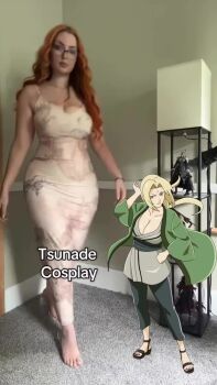 1girl animated audible_music blonde_hair breasts cleavage cosplay elden_cosplay female_focus highres incoming_attack incoming_punch large_breasts long_hair looking_at_viewer naruto_(series) punching real_life red_hair solo sound source_request tsunade_(naruto) tsunade_(naruto)_(cosplay) video