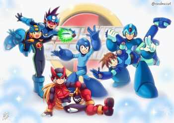 6+boys armor assault_visor blonde_hair blue_bodysuit blue_eyes bodysuit brown_hair forehead_jewel green_eyes group_picture group_pose helmet highres ian_dimas in-franchise_crossover long_hair mashin_sentai_kiramager mega_man_(character) mega_man_(classic) mega_man_(series) mega_man_battle_network_(series) mega_man_legends_(series) mega_man_star_force_(series) mega_man_volnutt mega_man_x_(series) mega_man_zero_(series) megaman.exe multiple_boys red-tinted_eyewear red_armor red_helmet short_hair star_force_mega_man super_sentai tinted_eyewear x_(mega_man) zero(z)_(mega_man) zero_(mega_man)