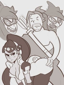 arrow_(projectile) ass bent_over blush bodysuit breasts buttjob cleavage hanzo_(overwatch) highres interracial looking_back nipples overwatch ponytail sketch spandex splashbrush tracer_(overwatch) widowmaker_(overwatch)