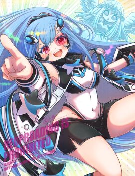 2girls argostars_-_glorious_adra black_shorts blue_hair breasts coat commentary_request cowboy_shot duel_monster high_ponytail highres leotard long_hair medium_breasts momobesaeka multiple_girls open_mouth pointing pointing_at_viewer ponytail red_eyes scouter short_shorts shorts solo_focus white_coat white_leotard yu-gi-oh!