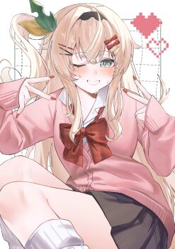 1girl absurdres aqua_eyes black_skirt blonde_hair blush bow bowtie collared_shirt double_v gyaru hair_ornament hairclip hands_up highres hololive kazama_iroha long_hair long_sleeves looking_at_viewer loose_bowtie one_eye_closed one_side_up red_bow red_bowtie ru_airasuto school_uniform shirt skirt smile socks solo sweat v virtual_youtuber white_socks wing_collar